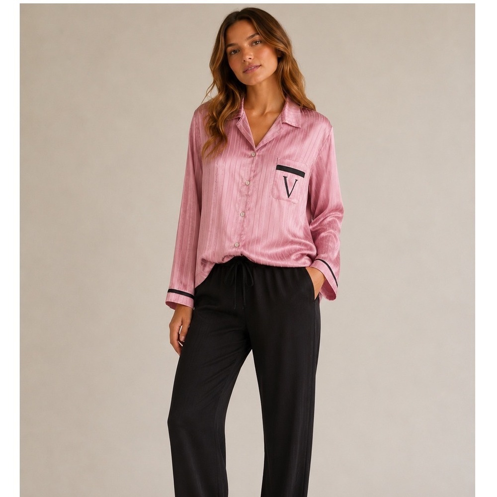 Victoria's Secret‎ Pink Satin Logo Stripe Pajama Button Down Sleep Shirt M NWT